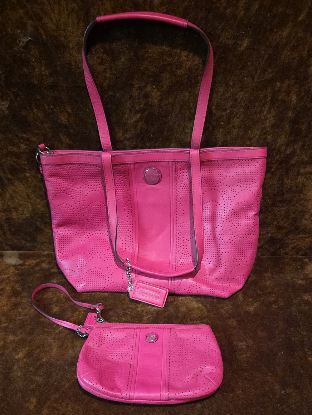 Women’s Coach Pink Perforated Tote and Wristlet Set